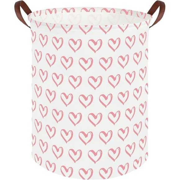 Pink heart laundry hamper basket toy organizer baby nursery storage bin 19x16 - Picture 8 of 8